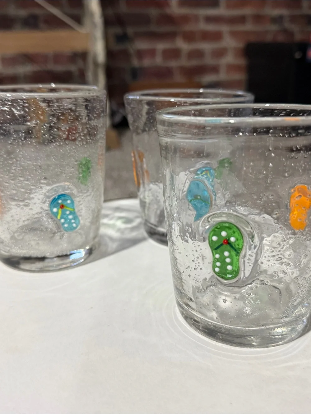 Anthropologie hand blown Clear Glass Tumbler Set (3) with Colorful Flip-Flop